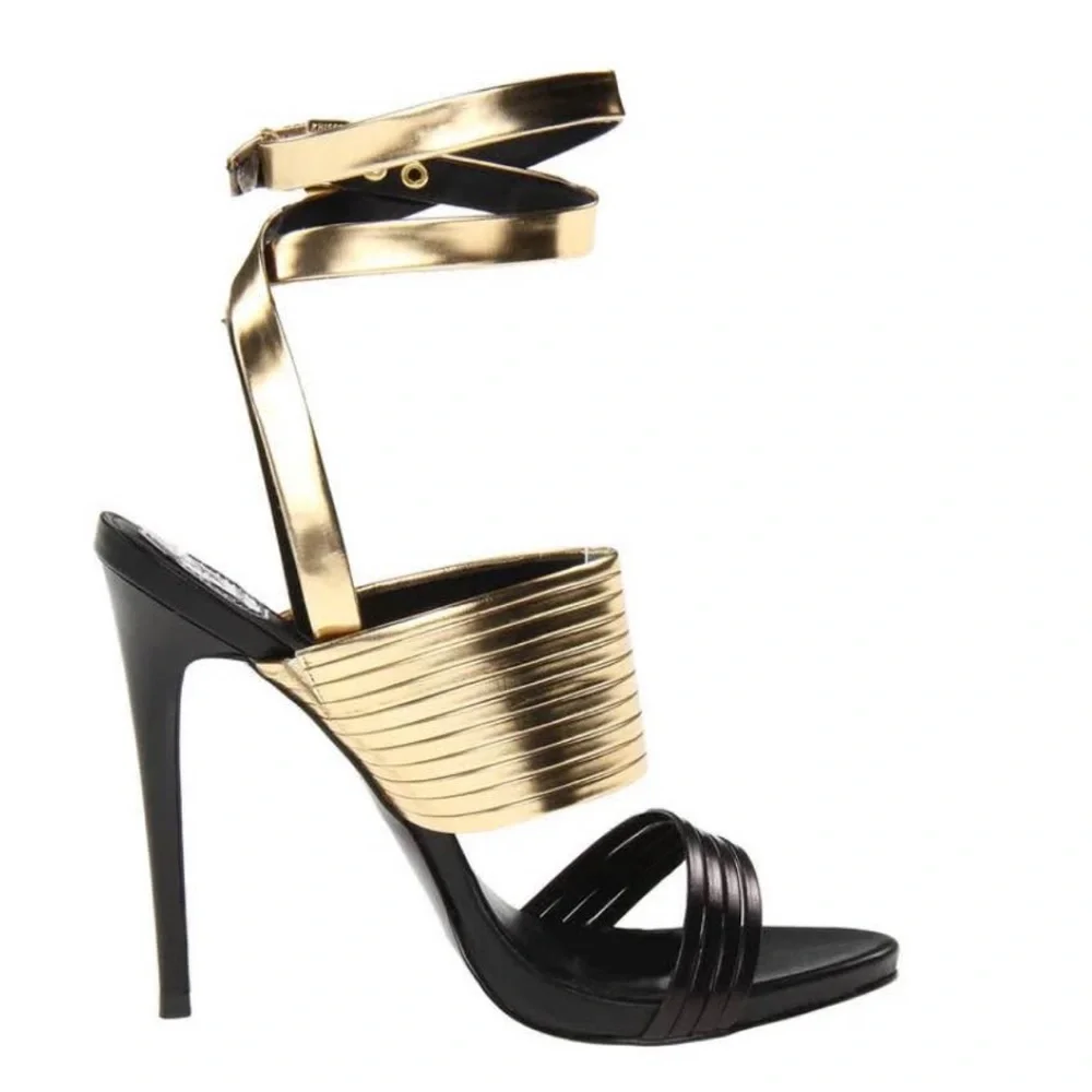 Donald J. Pliner NWOT Black Gold Wrap Around Ankle Strap Platform Heels (Size 8) - Picture 2 of 8